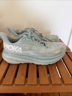 Hoka Women's Seafoam Athletic Running Shoes with Gold Accents